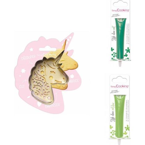 Kit pour biscuit en relief Licorne + 2 Stylos au chocolat vert et vert clair