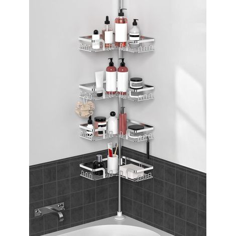 Etagere Douche Telescopique Argent - Etagere Douche Angle Salle de Bain Inox Etagere de Douche Sans Percage Support Savon Crochet Douche(Avec Une Hauteur Réglable de 63,5 à 290 CM) (1/5)