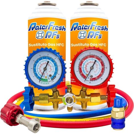 2 Gas Refrigerante Ralerfresh RFs para aire acondicionado de coche o nevera, sustituto del gas R12 y R134A con kit Manometro (1/5)