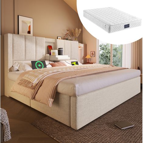 CHICFURN lit coffre tissu gris tête de lit géométrique 140 x 200 (1/5)