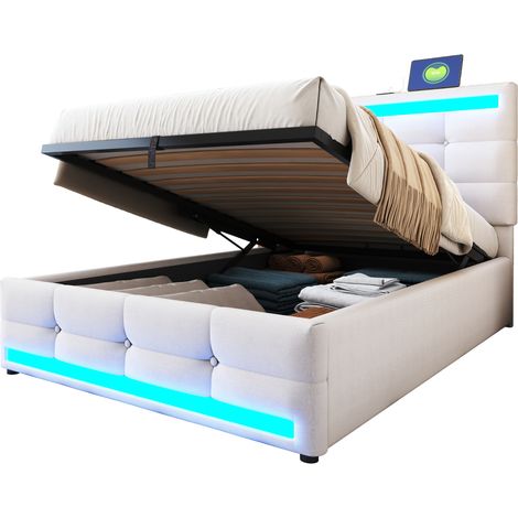 Lit Simple 90x200 cm en Tissu, 1 Place avec LED RGB, 2 Ports USB et Tête de Lit Réglable, sans Matelas, Beige (1/5)