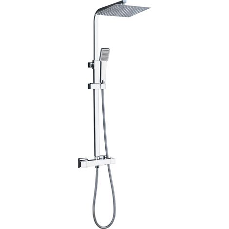 Thermostatic Exposed Shower Mixer Bathroom Twin Head Large Square Bar Set Chrome (1/5)