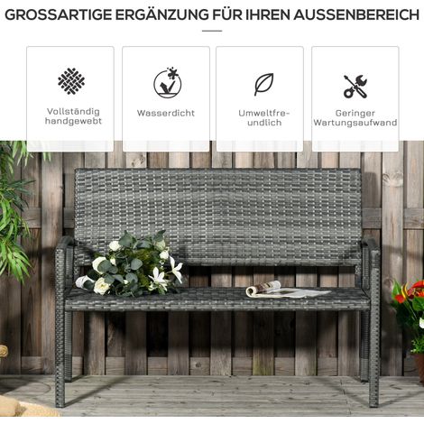 Banc de jardin effet rotin, cadre en acier, pour 2 places, gris, 122x60x85 cm (1/4)
