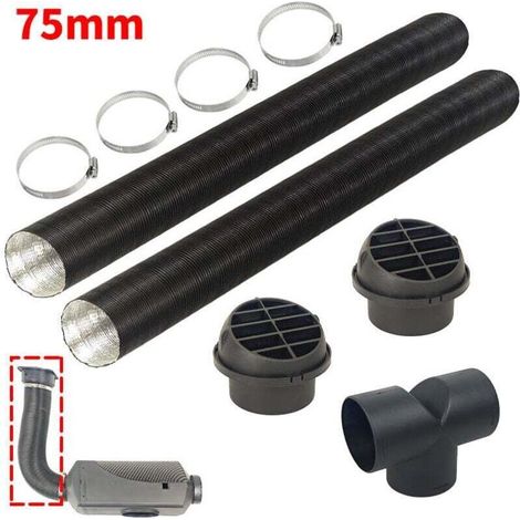 Kit de Tuyaux de Chauffage Diesel, Conduit d’Air Extensible de 75 mm, Tuyau d'Échappement en Inox de 25 mm, 2 Bouches d'Aération, Collier de Serrage, pour Chauffages de Stationnement Diesel