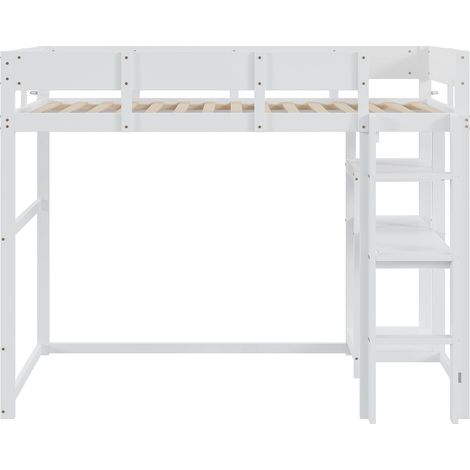 Lit mezzanine avec étagère 90x200 cm, lit enfant en pin massif avec sommier à lattes, cadre de lit surélevé blanc pour chambre (1/5)