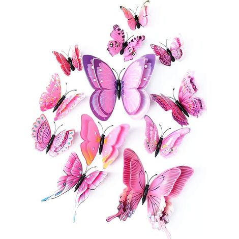 Papillon artificiel à double ailes 3D, décoration de mariage/fête/maison 12 pièces (Rose)-Fei Yu (1/4)