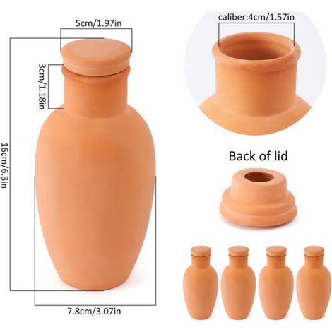 Lot de 4 Pots arrosage Terre cuite, Système irrigation automatique, 7,9x7,9x15,2 cm, Jardin extérieur (1/3)