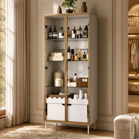 Aparador alto vitrina con estantes regulables, cajón, patas metálicas, MDF blanco y dorado (1/5)