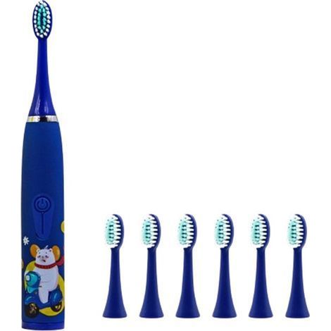 Ynkkvre - Brosse à dents électrique pour enfants - Étanche IPX7 - Vibrations douces pour les gencives sensibles - 6 têtes de brosse - À partir de 6 ans - Bleu (1/5)