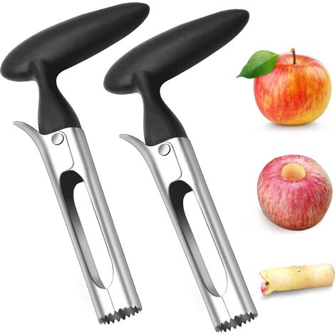 2 pièces Vide Pomme Haut de Gamme, Vide Trognon Pomme ou de Poire, avec Lame DenteléE Tranchante Et PoignéE d'angle Ergonomique en Acier Inoxydable, Accessoires de Cuisine et Maison, Noir (1/5)