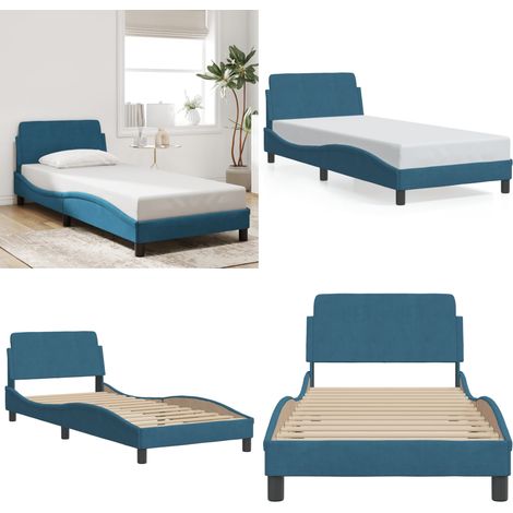 Bettgestell mit Kopfteil Blau 90x200 cm Samt - Samtbett - Doppelbett - Boxspringbetten - Bettrahmen - Blau - Home & Living (1/5)