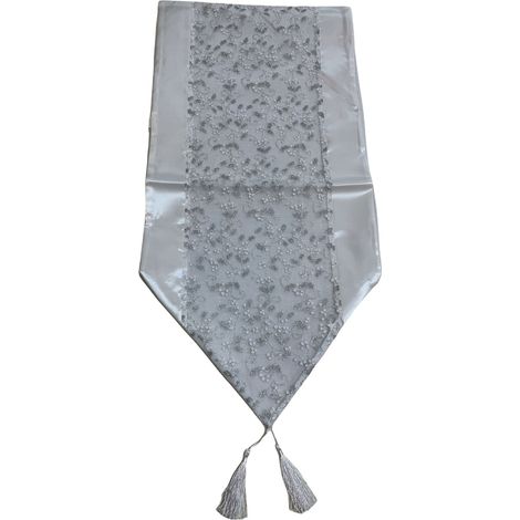 Runner da tavola Satin Snow con nappine 35 x 112 cm in cotone e lino (1/3)