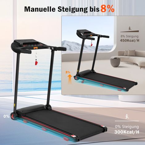Tapis de course pliable pour domicile, pente 8%, silencieux jusqu'à 14 km/h, surface de course spacieuse, 3,0 HP, affichage LED et Bluetooth, charge maximale 120 kg (1/5)