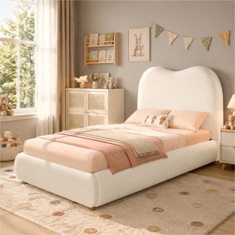 Lit enfant 90x200 cm – avec rangement hydraulique et tête de lit 11 cm – Velours – Beige ou gris (1/5)