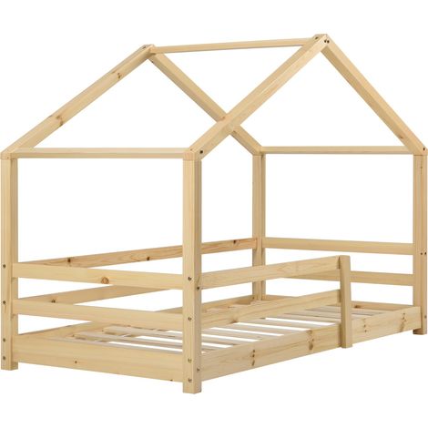Letto cabina per bambini a forma di casetta con barriera di sicurezza in legno di pino naturale 90 x 200 cm 030005528