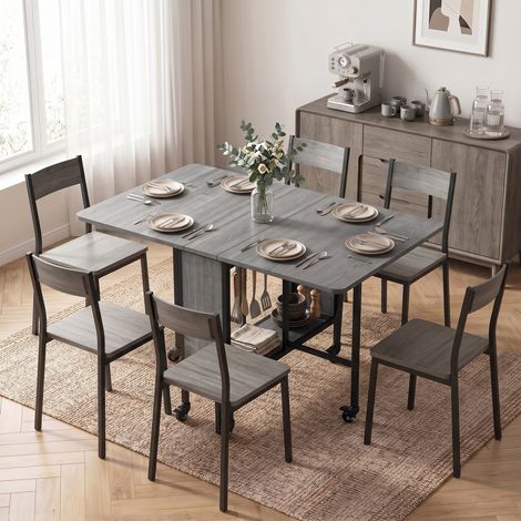 Table pliante cuisine extensible roulettes 6 personnes étagère intégrée gris (1/5)