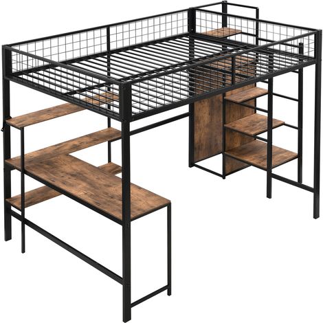 Hochbett 140 x 200 cm aus Metall und MDF mit Schreibtisch, Regalen und Schrank MODENUIT (1/5)