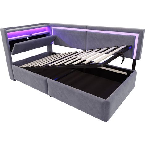 Stauraumbett 90 x 200 cm aus grauem Samt mit LED und USB-Anschlüssen (1/5)