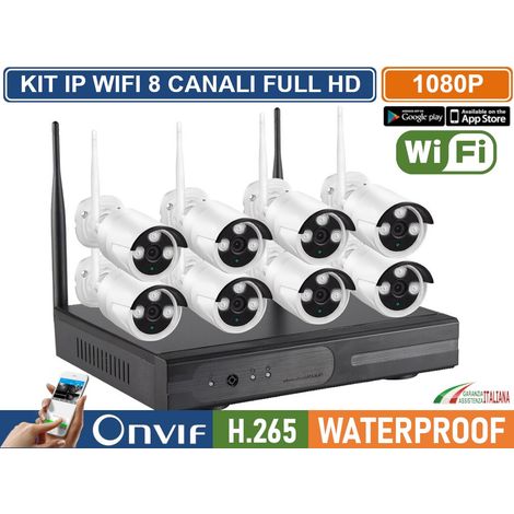 KIT VIDEOSORVEGLIANZA IP WIRELESS WIFI NVR 8 CH 8 TELECAMERE BULLET IR-CUT 2MP DA ESTERNO IP66 (1/4)