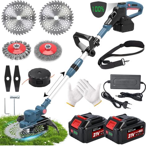 Coupe Bordure sans Fil avec Batterie,Coupe-Herbe 5 en 1 à Batterie-Moteur sans balais 750 W, Débroussailleuse avec 2×4,0 Ah 21 V, Pliable - Convient pour Le Jardin, la pelouse et Le désherbage - Bleu (1/5)