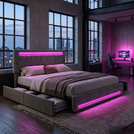 Lit adulte 160x200 cm – Lit double – Éclairage LED – Port USB/Type-C – Tête de lit convertible - Sommier à lattes – Cadre acier – Velours (1/5)