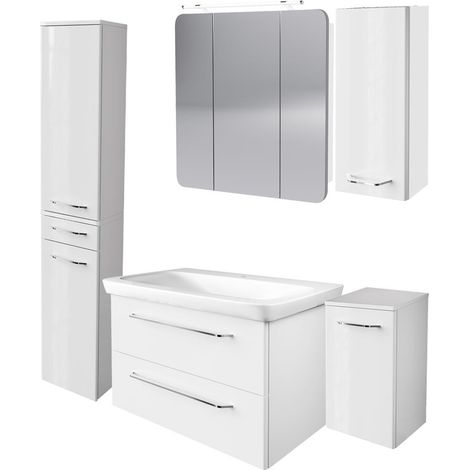 Fackelmann MILANO Badmöbel Set 6-teilig, 80 cm, Weiß, Keramik, Spiegelschrank + 3 Badschränke"-"90290145 (1/5)