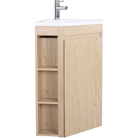 Mob-In – Meuble sous vasque d'angle SORRENTO 45cm – MDF décor chêne – Vasque en résine sans trop-plein – Dimensions compactes L35 x H88 x P45cm