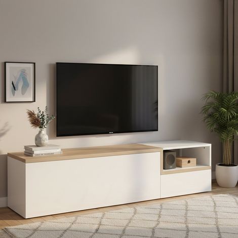 Dmora - Mueble de televisión Dgal, Aparador bajo para salón con 2 puertas, base soporte TV, 100% Made in Italy, cm 160x40h46, Blanco brillo y Arce (1/4)
