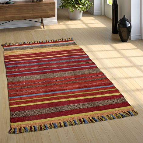 Paco Home Alfombra Natural Salón Con Flecos, Moderna Tejida A Mano Kilim, 100 % Algodón 120x170 cm, Terracota (1/4)