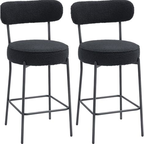 Lot de 2 tabourets de bar en tissu noir, assise rembourrée, dossier courbé, repose-pieds et patins réglables, structure métal - CHICFURN (1/5)