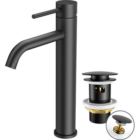 Robinet de Lavabo pour Salle de Bain avec Bonde de Vidage, Mitigeur Haut en Noir avec Hauteur de Bec de 190 mm, Mitigeur à Levier Unique pour Lavabo dans la Salle de Bain (1/5)