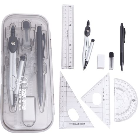 Set De Geometrie - Règle 15 Cm - Équerres 30 60 Et 45 Degrés - Rapporteur Métal - Compas Mécanique - Pour Collège Et Lycée - 10 Pièces (1/5)