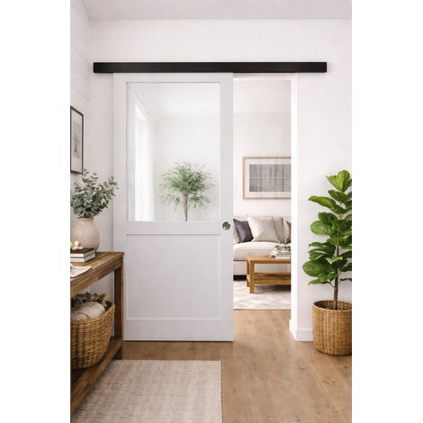 Porte Coulissante Atelier Blanc H204 X L73 Sans Meneau + Rail Alu Bandeau Noir Et 2 Coquilles