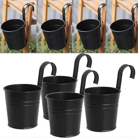 Ensemble de 4 pots de fleurs suspendus en fer noir avec crochet amovible pour l'intérieur ou l'extérieur. (1/5)