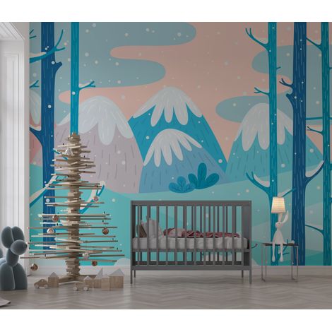 Papier peint enfants - forêt de sapins bleus enneigés - 400 x 260 cm (1/2)