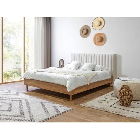 Bobochic – Lit OCEANE 160x200 cm – Tête de lit capitonnée en velours – Structure en bois naturel – Montage facile en 15 min (1/5)