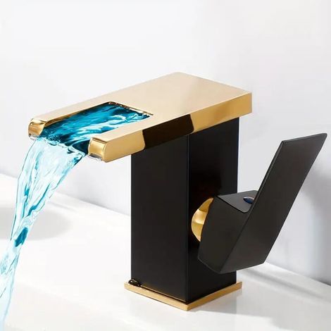 Schwarzer und goldener Waschtischmischer mit LED-Beleuchtung, Einlochmischer, Einhebelmischer