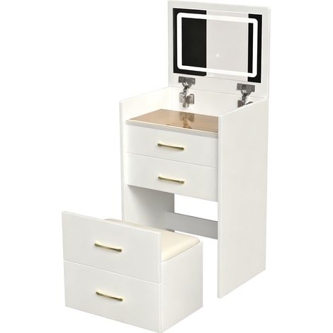 Coiffeuse d'angle 3-en-1 avec miroir rabattable et plateau en verre transparent, 3 tiroirs, avec tabouret, 60 x 40 x 118 cm (1/5)