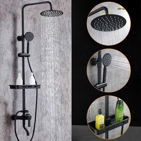 Duschsystem Regendusche Duschset mit Armatur, 20cm Duschkopf, Handbrause Duschsäule mit Ablage höhenverstellbar Duschgarnitur schwarz