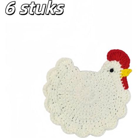 Lot de 6 sets de table et dessous de verre en laine crochetée en forme de poulet antidérapants et isolants 12 cm blanc (1/5)