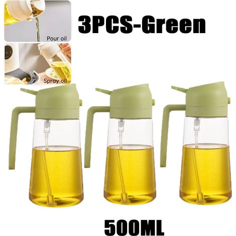 (Lot de 3 verts) Vaporisateur d'huile 2 en 1 de 500 ml en plastique, distributeur d'huile, burette à huile, outil de cuisine pour barbecue, pâtisserie, rôtissage et pique-nique (1/5)