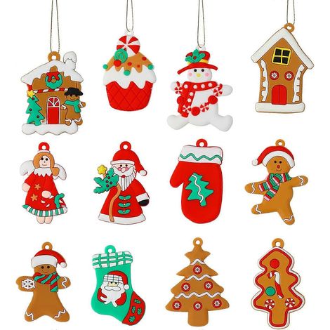 Décorations de Noël en pain d'épice, lot de 12 figurines en argile représentant le Père Noël, un bonhomme de neige et un bonhomme en pain d'épice, pour décorer le sapin de Noël (1/5)