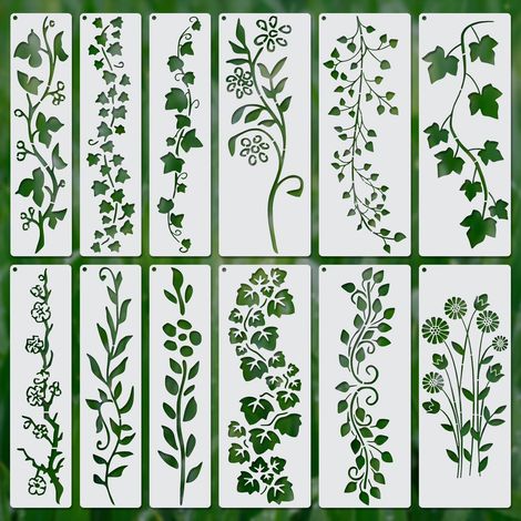 12 Pièces Pochoirs de Vigne, Feuilles et Fleurs Modèles Floraux Réutilisables pour Peinture sur Bois Dessin Toile Bricolage Décoration d'Intérieur Art Mural (1/5)
