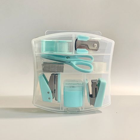 Set de bureau 8-en-1 avec perforateur, agrafeuse, distributeur de ruban adhésif, ciseaux et plus, pour étudiants et cadeaux de bureau - Version bleue (1/5)