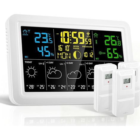Station Météo avec 3 Capteurs Intérieur Extérieur, Thermomètre Digital Hygromètre sans Fil, Station Météo DCF à écran Couleur avec Temps Prévisions Météorologiques Baromètre Réveil (1/5)
