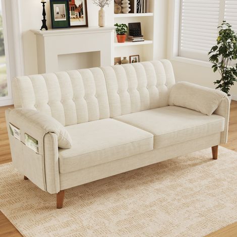 Divano 2 posti in ciniglia beige con cuscini bracciolo e tasche laterali OKWISH (1/5)
