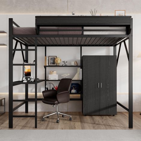 Lit mezzanine en fer, rangement double sous le bureau, lit supérieur avec rangement, avec armoire, fer et MDF, noir, 140 x 200 cm