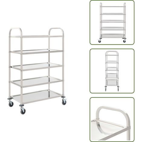 The Living Store Chariot de cuisine à 5 niveaux 107x55x147 cm Acier inoxydable - Chariot De Cuisine - Chariot De Service - Chariot Multi Niveaux - Chariot Inox - Chariot Roulant (1/5)