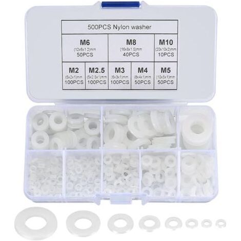 500 pièces rondelle plate en nylon, rondelle plate isolée joint rond joint d'étanchéité kit d'assortiment de tuyaux-M2/M2.5/M3/M4/M5/M6/M8/M10 (Blanc) (1/5)