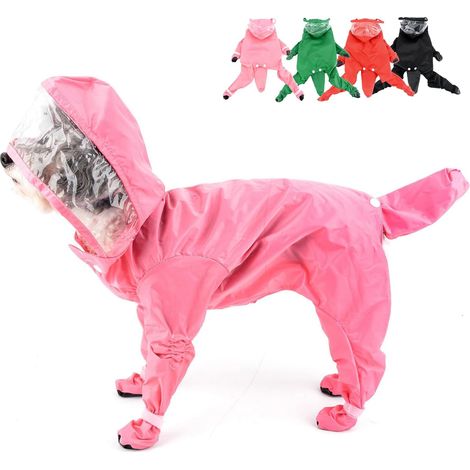 Imperméable à capuche pour petits chiens, combinaison-poncho avec bottes de pluie, vêtement de pluie pour chiot idéal pour les promenades, rose, taille M (1/5)